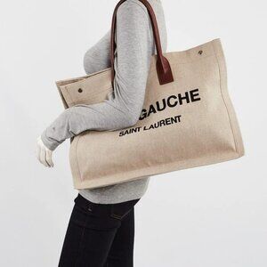 Yves Saint Laurent Natural Linen And Leather Rive Gauche Tote Bag